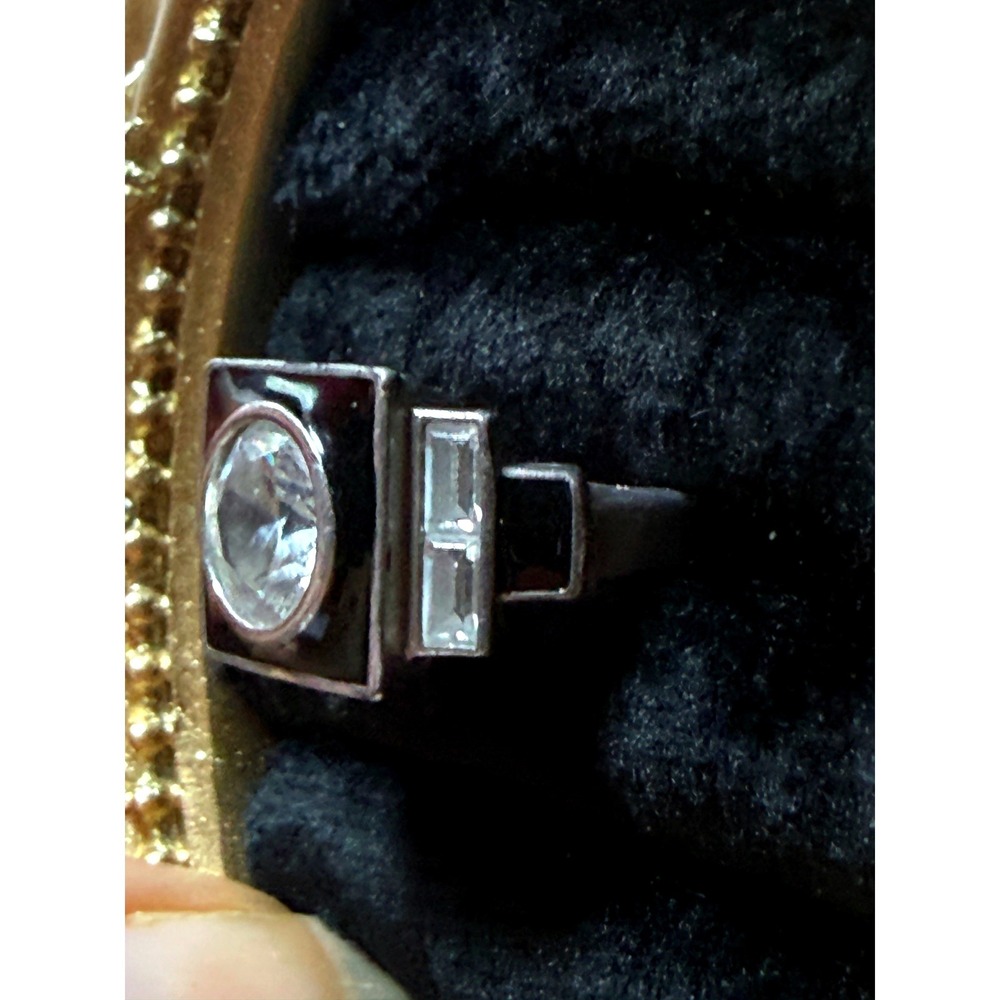 Vintage Art Deco 925 Ring Womens Sz 6.75 Silver Onyx Geometric 925 CZ Statement